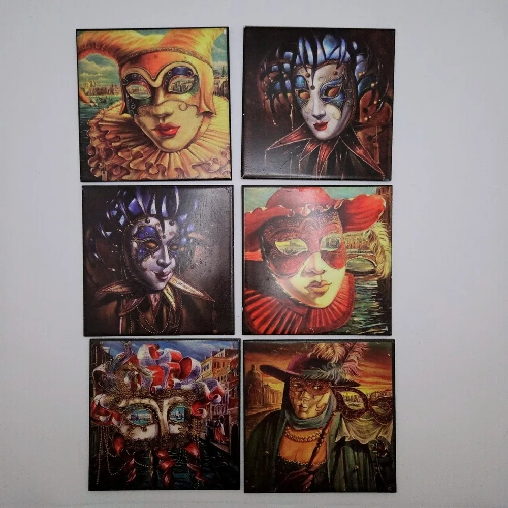 Domosa Venetian Carnival Coaster‎ Set Ceramic Multicolor Mask Jester Venice Art